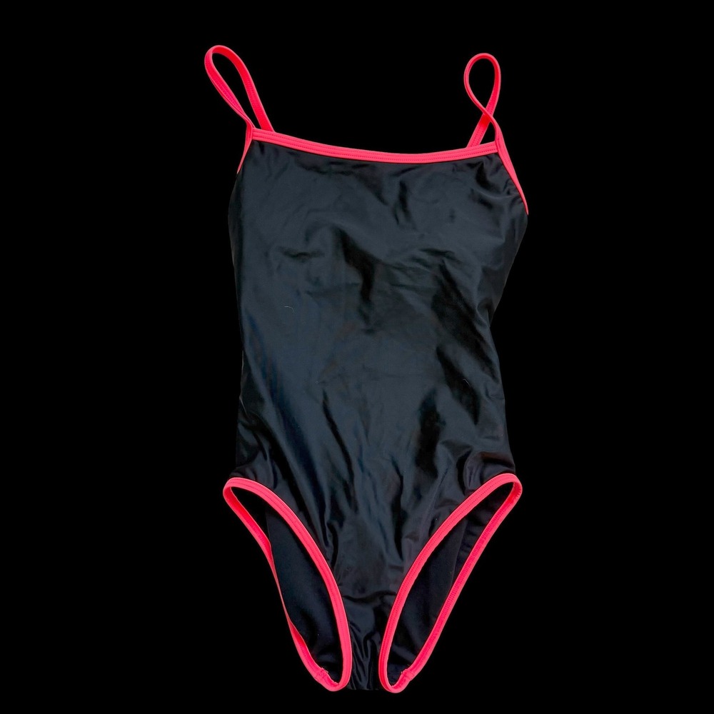 TYR Womens One‎ Piece Swimsuit Black Neon Pink Contrast Trim Training Suit Med